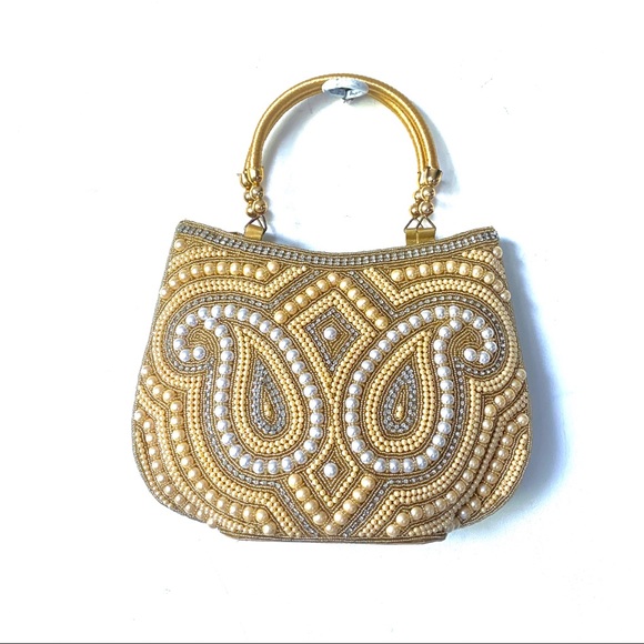 Vintage Handbags - VINTAGE GOLD PEARL BEADED RHINESTONE EVENING BAG